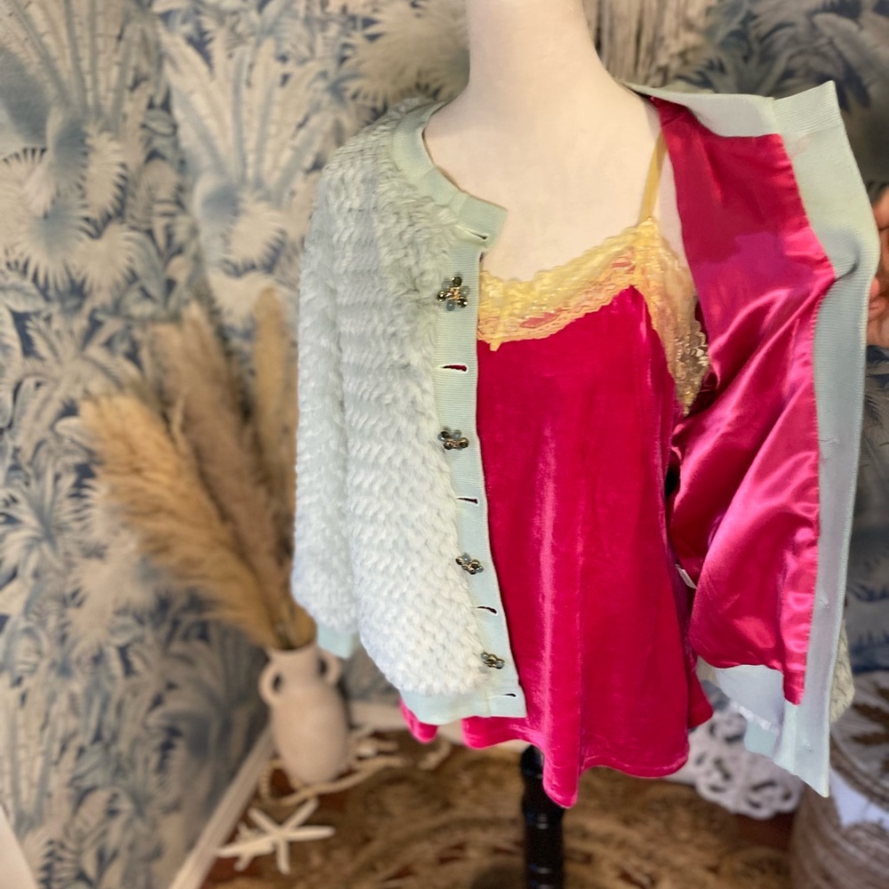 ARATTA Nellie Boho Luxe Mint Fur Jacket Satin Lined Crystal Buttons Boutique - Picture 14 of 16